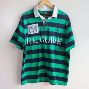 Vintage Polo Ralph Lauren RL Guide Striped Rugby Shirt Green Navy XXL Custom Fit